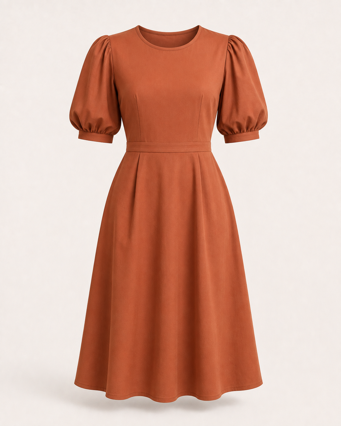 Terracotta Puff-Sleeve Midi Dress — Dresses
